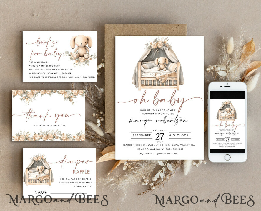 TEMPLETT baby shower Bunny Gender Neutral Baby Shower Invitation Template, Floral Crib Instant Download Printable Invites Home Printing, Simple modern Card Set