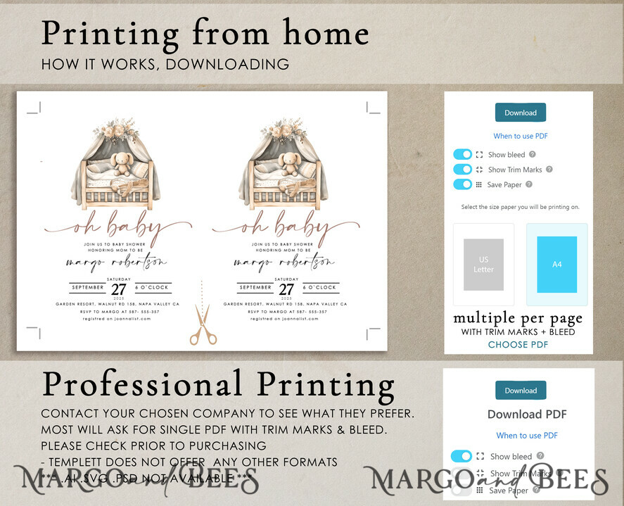 TEMPLETT baby shower Bunny Gender Neutral Baby Shower Invitation Template, Floral Crib Instant Download Printable Invites Home Printing, Simple modern Card Set