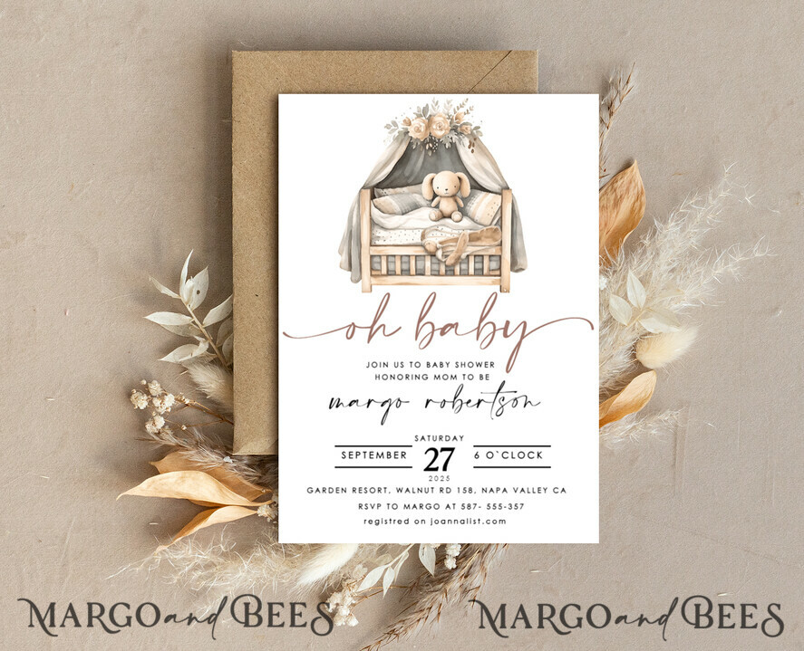 TEMPLETT baby shower Bunny Gender Neutral Baby Shower Invitation Template, Floral Crib Instant Download Printable Invites Home Printing, Simple modern Card Set