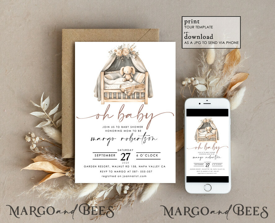 TEMPLETT baby shower Bunny Gender Neutral Baby Shower Invitation Template, Floral Crib Instant Download Printable Invites Home Printing, Simple modern Card Set