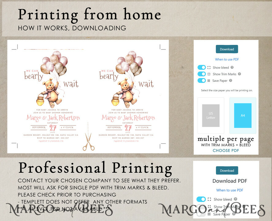 TEMPLETT baby shower Winnie Pooh Baby Shower Invitation Digital Template Set Hunny Fall, we can bearly wait Diaper Raffle Books Instant Download Printable Invite