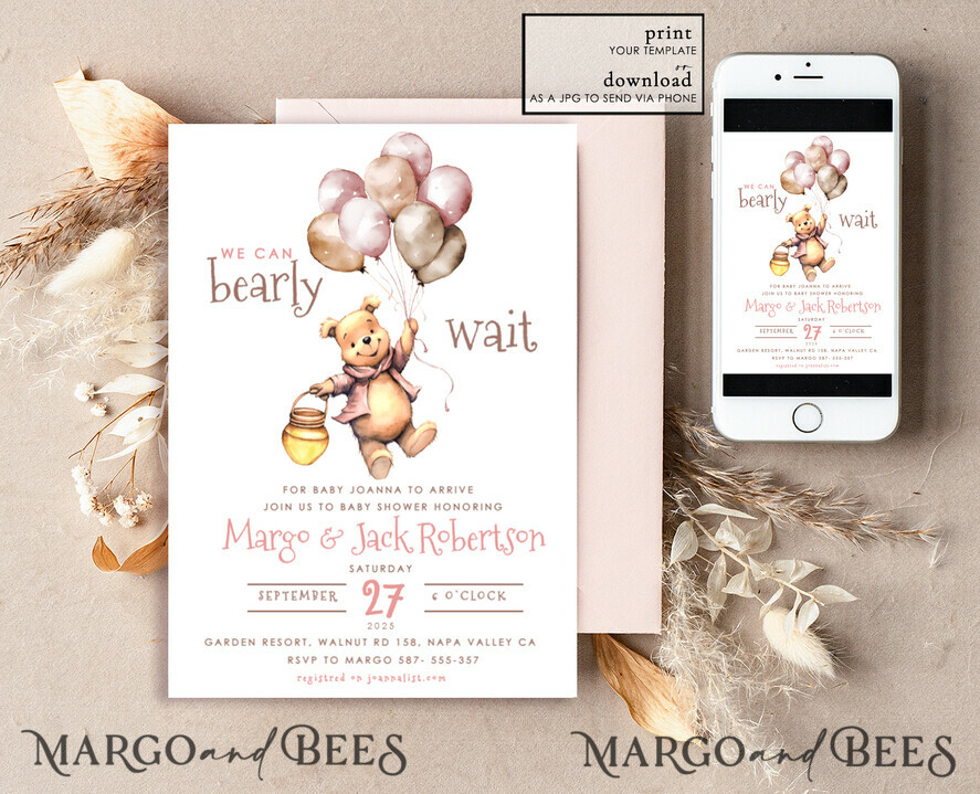 TEMPLETT baby shower Winnie Pooh Baby Shower Invitation Digital Template Set Hunny Fall, we can bearly wait Diaper Raffle Books Instant Download Printable Invite