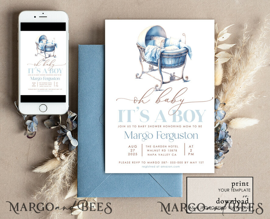 TEMPLETT baby shower Crib Baby Boy Shower Invitation Template Set Oh baby it\'s a boy crib Diapper Raffle Books Arch Instant Download Dusty Blue editable invite