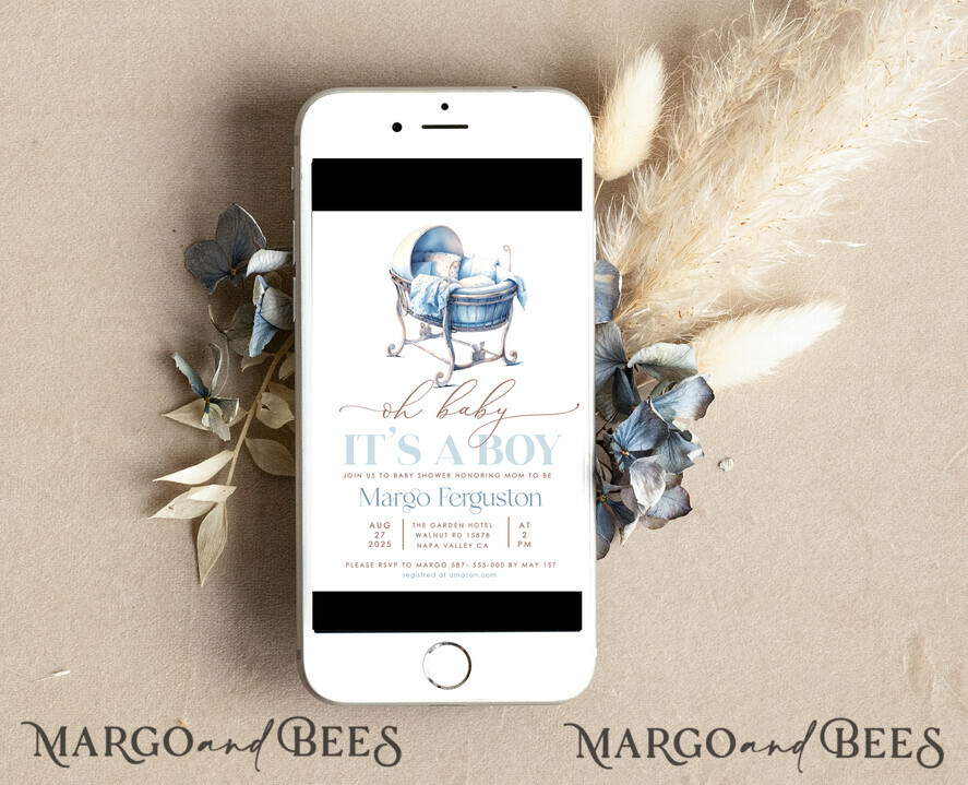 TEMPLETT baby shower Crib Baby Boy Shower Invitation Template Set Oh baby it\'s a boy crib Diapper Raffle Books Arch Instant Download Dusty Blue editable invite