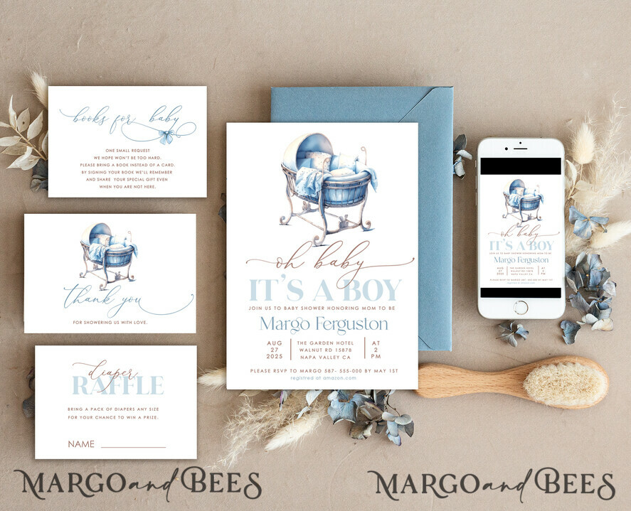 TEMPLETT baby shower Crib Baby Boy Shower Invitation Template Set Oh baby it\'s a boy crib Diapper Raffle Books Arch Instant Download Dusty Blue editable invite
