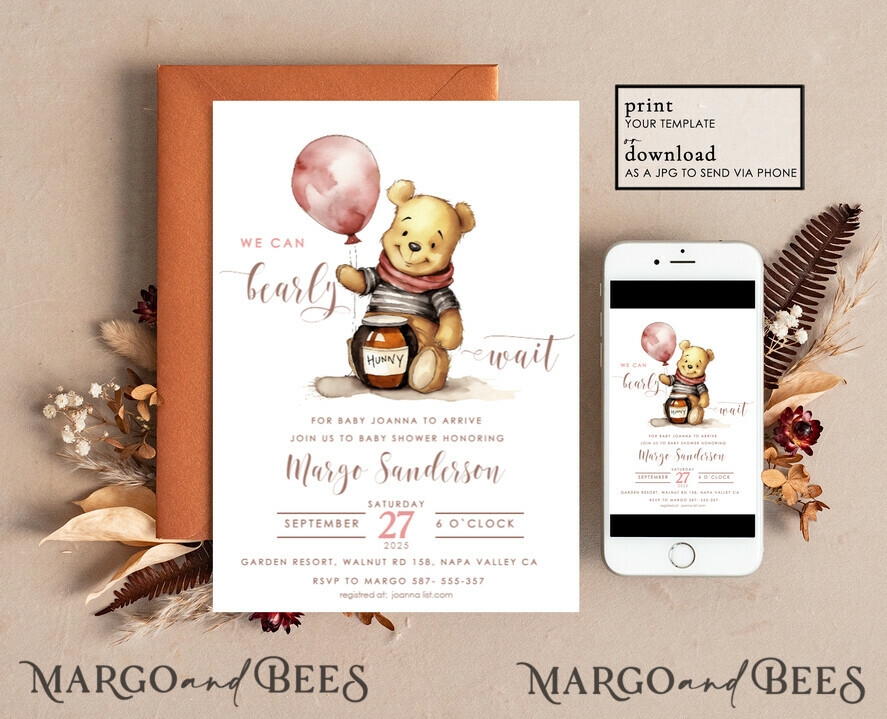 TEMPLETT baby shower Winnie Pooh Baby Shower Invitation Digital Template Set Hunny Fall, Gender Neutral Diaper Raffle Books Instant Download Printable Invite