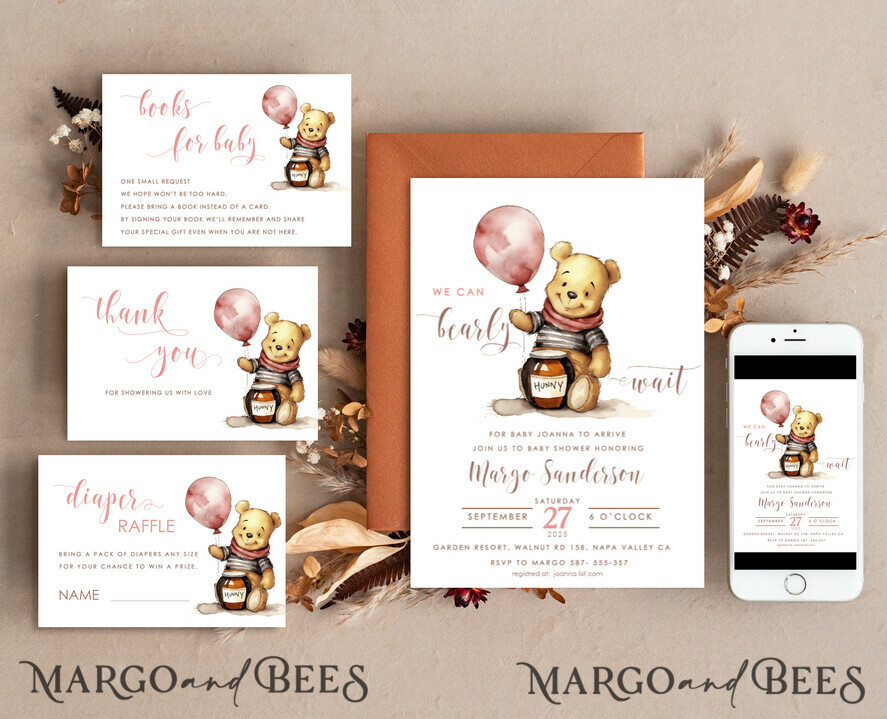 TEMPLETT baby shower Winnie Pooh Baby Shower Invitation Digital Template Set Hunny Fall, Gender Neutral Diaper Raffle Books Instant Download Printable Invite