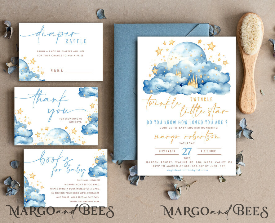 TEMPLETT baby shower Editable Twinkle Little Star Baby Boy Shower Invitation Template, Moon Stars Blue Invite Instant Download Wait Diaper Raffle Books Invites