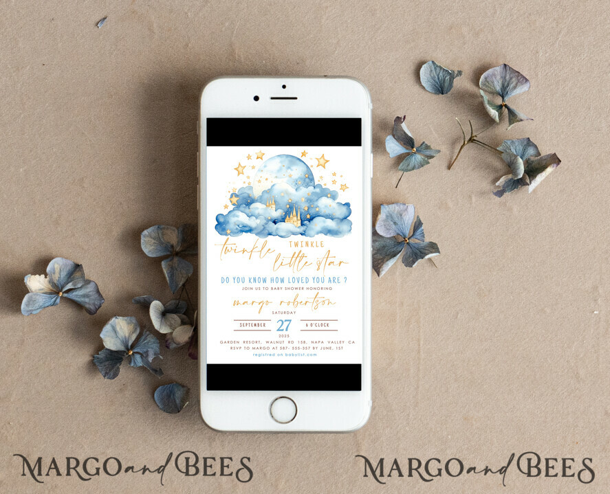 TEMPLETT baby shower Editable Twinkle Little Star Baby Boy Shower Invitation Template, Moon Stars Blue Invite Instant Download Wait Diaper Raffle Books Invites