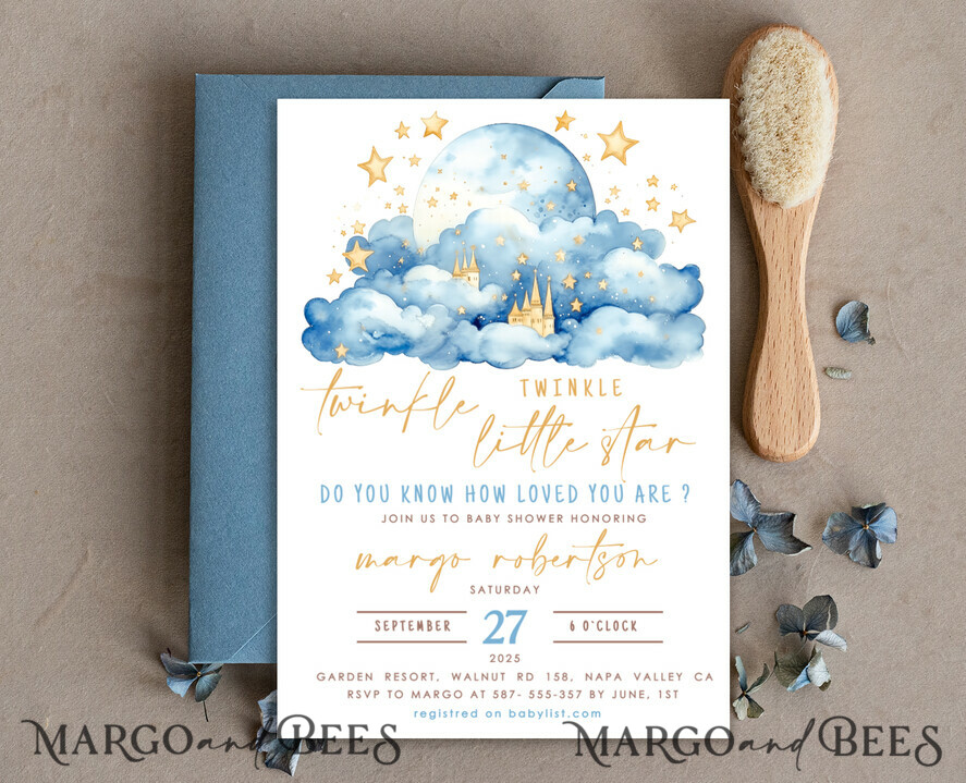 TEMPLETT baby shower Editable Twinkle Little Star Baby Boy Shower Invitation Template, Moon Stars Blue Invite Instant Download Wait Diaper Raffle Books Invites