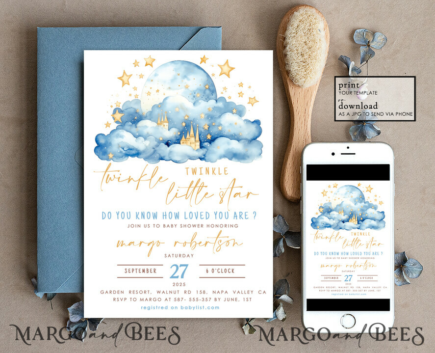 TEMPLETT baby shower Editable Twinkle Little Star Baby Boy Shower Invitation Template, Moon Stars Blue Invite Instant Download Wait Diaper Raffle Books Invites