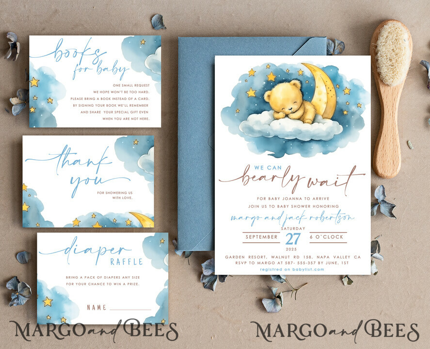 TEMPLETT baby shower Dusty Blue Teddy Bear Baby Boy Shower Invitation Template Set We Can Bearly Wait Diaper Raffle Books, Instant Download Printable Invites Home Printing
