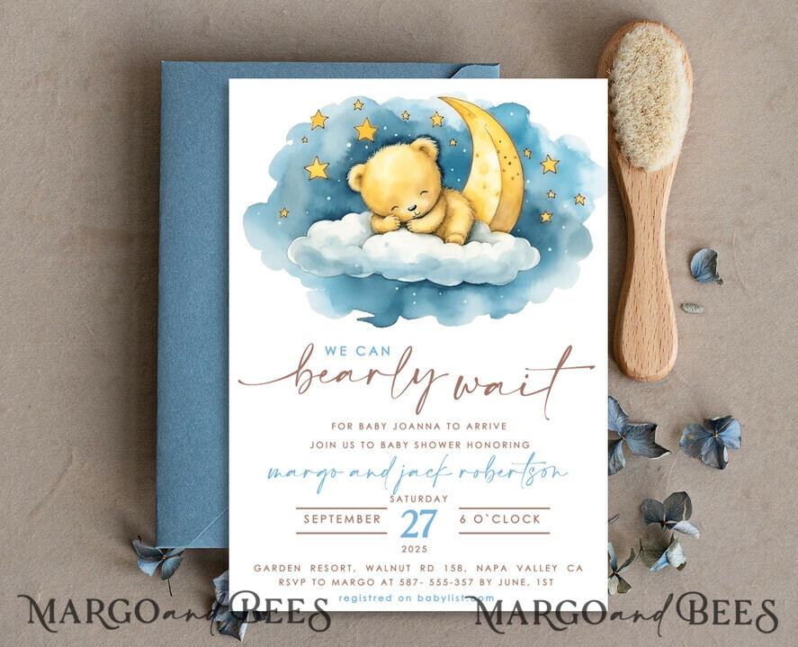 TEMPLETT baby shower Dusty Blue Teddy Bear Baby Boy Shower Invitation Template Set We Can Bearly Wait Diaper Raffle Books, Instant Download Printable Invites Home Printing