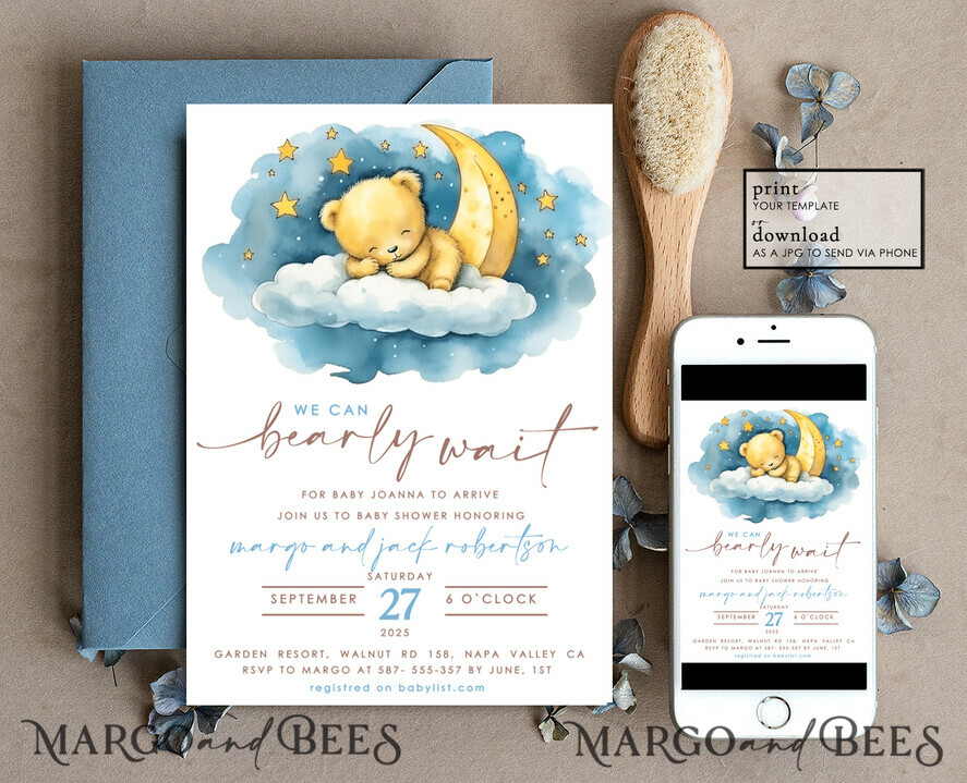 TEMPLETT baby shower Dusty Blue Teddy Bear Baby Boy Shower Invitation Template Set We Can Bearly Wait Diaper Raffle Books, Instant Download Printable Invites Home Printing