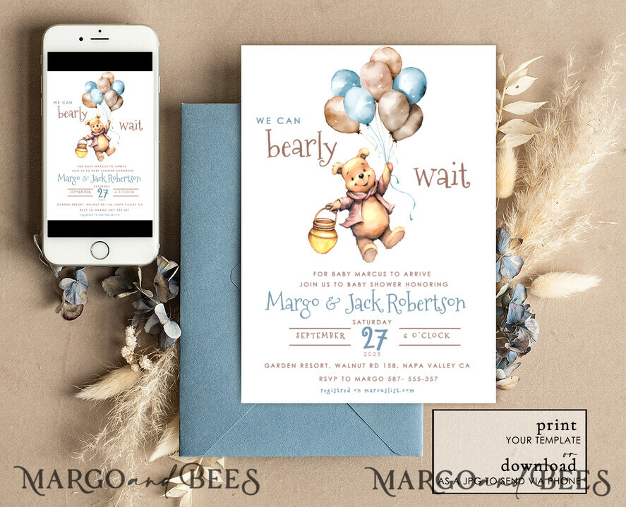TEMPLETT baby shower Winnie Pooh Balloons Baby Shower Invitation Digital Template Hunny We can bearly wait Diaper Raffle Books Instant Download Printable Invite