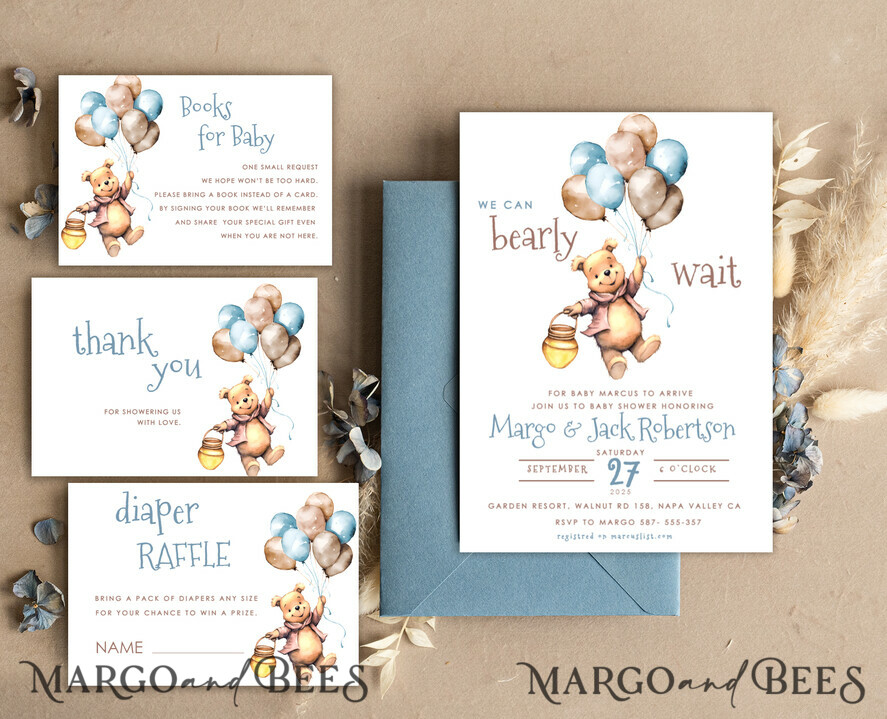 TEMPLETT baby shower Winnie Pooh Balloons Baby Shower Invitation Digital Template Hunny We can bearly wait Diaper Raffle Books Instant Download Printable Invite