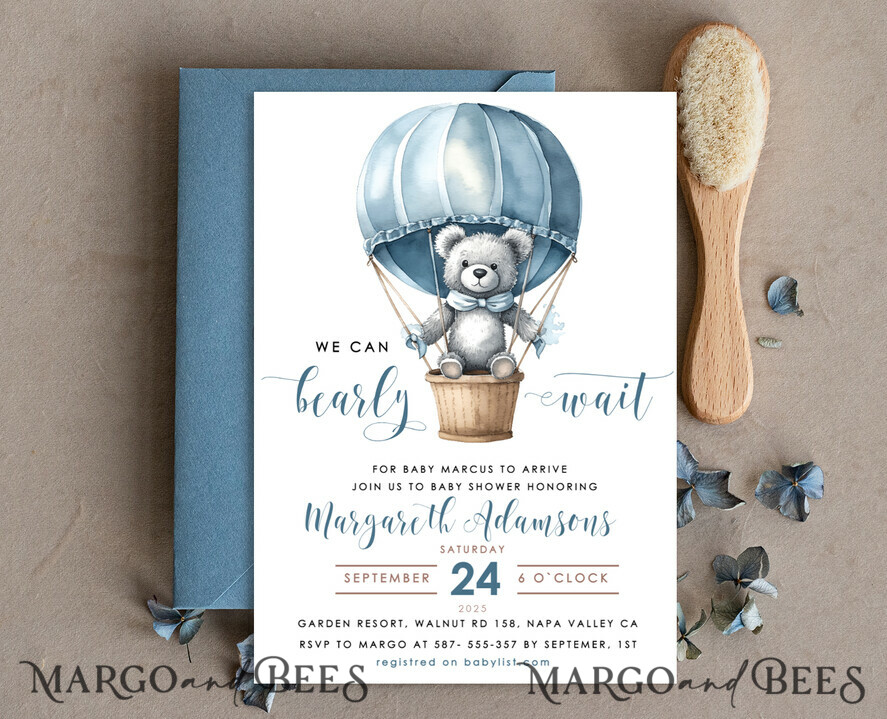 TEMPLETT baby shower Teddy Bear Baby Boy Shower Invitation Template Set We Can Bearly Wait Diaper Raffle Books, Instant Download Printable Hot air balloon basket