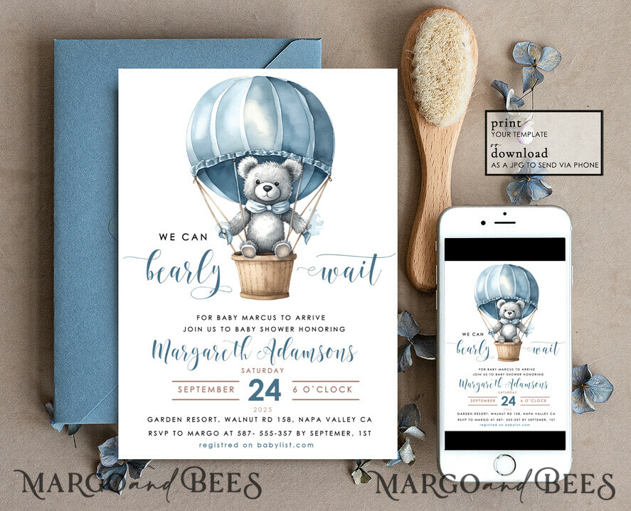 TEMPLETT baby shower Teddy Bear Baby Boy Shower Invitation Template Set We Can Bearly Wait Diaper Raffle Books, Instant Download Printable Hot air balloon basket