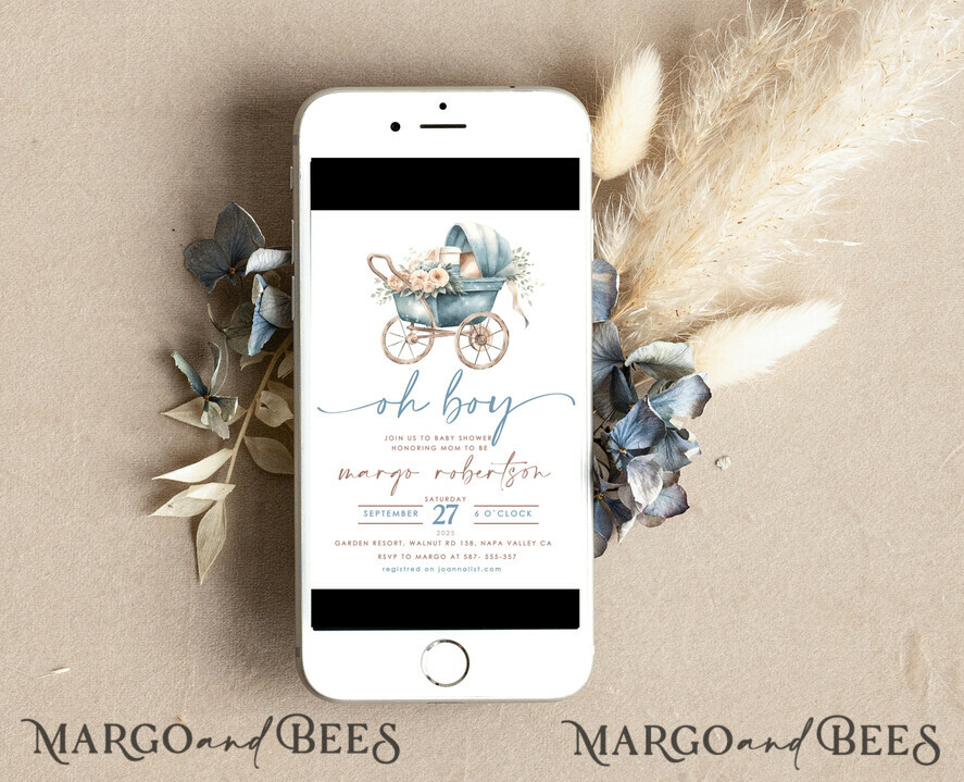TEMPLETT baby shower Stroller Baby Boy Shower Invitation Template Set Oh boy is on the way Diapper Raffle Books Arch Instant Download Dusty Blue editable invite