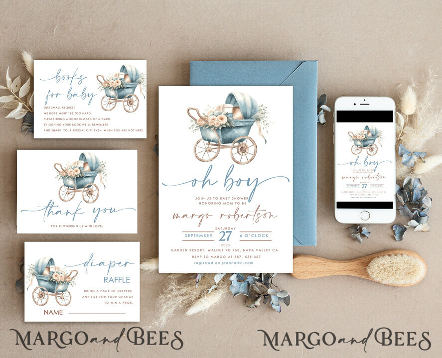 TEMPLETT baby shower Stroller Baby Boy Shower Invitation Template Set Oh boy is on the way Diapper Raffle Books Arch Instant Download Dusty Blue editable invite