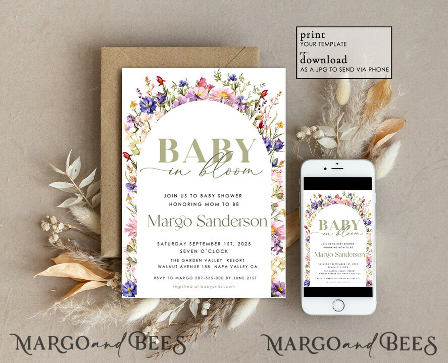 TEMPLETT baby shower Floral Gender Neutral Baby Shower Invitation Template, Instant Download Printable Invites Home Printing, Simple modern baby shower Card Set