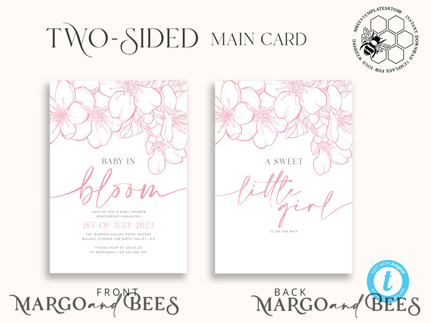 TEMPLETT baby shower Cherry Blossom Baby Shower Invitation Template download suite, Baby Girl Invitations Set, Printable Invites Home Printing Simple Boho Cards