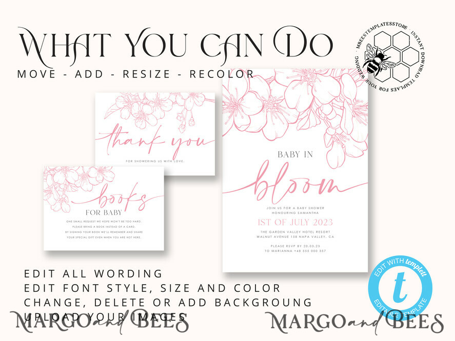TEMPLETT baby shower Cherry Blossom Baby Shower Invitation Template download suite, Baby Girl Invitations Set, Printable Invites Home Printing Simple Boho Cards