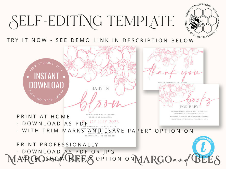 TEMPLETT baby shower Cherry Blossom Baby Shower Invitation Template download suite, Baby Girl Invitations Set, Printable Invites Home Printing Simple Boho Cards