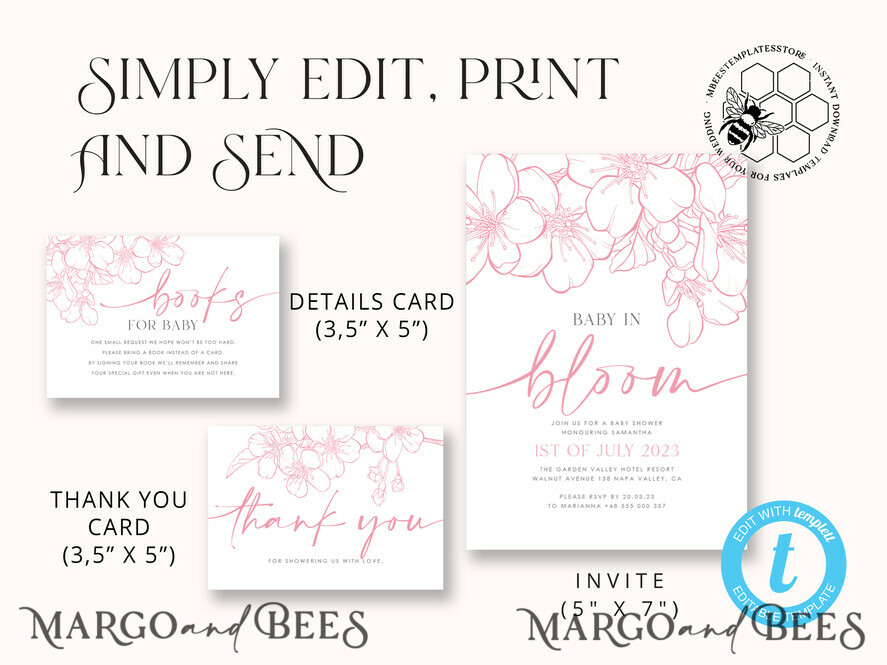 TEMPLETT baby shower Cherry Blossom Baby Shower Invitation Template download suite, Baby Girl Invitations Set, Printable Invites Home Printing Simple Boho Cards