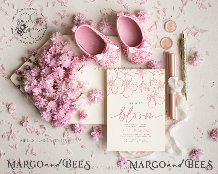 TEMPLETT baby shower Cherry Blossom Baby Shower Invitation Template download suite, Baby Girl Invitations Set, Printable Invites Home Printing Simple Boho Cards