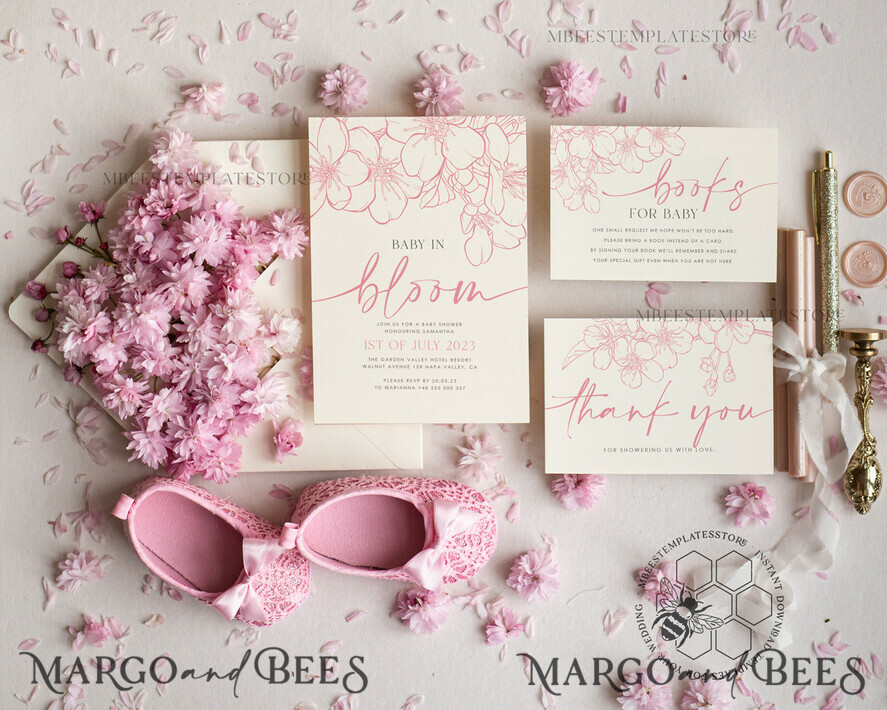 TEMPLETT baby shower Cherry Blossom Baby Shower Invitation Template download suite, Baby Girl Invitations Set, Printable Invites Home Printing Simple Boho Cards