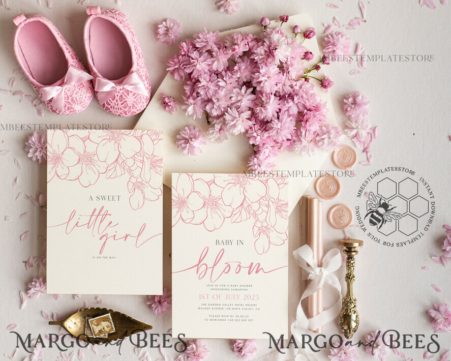 TEMPLETT baby shower Cherry Blossom Baby Shower Invitation Template download suite, Baby Girl Invitations Set, Printable Invites Home Printing Simple Boho Cards