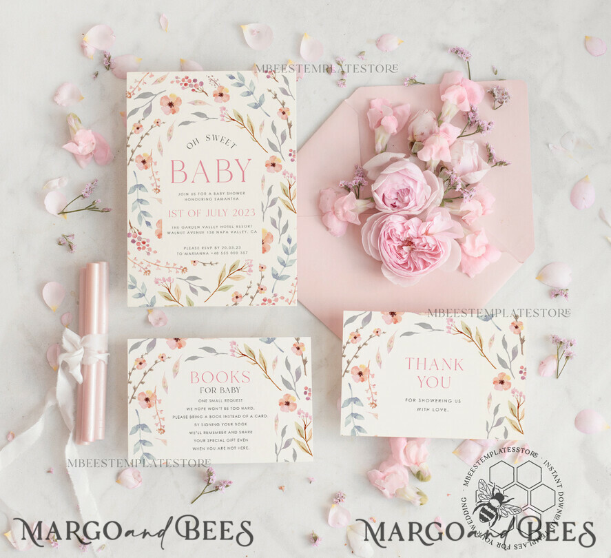TEMPLETT baby shower Modern Baby Shower Invitation Template, Baby Shower Girl Invitations Set, Instant Download Printable Invites Home Printing Simple Boho Cards