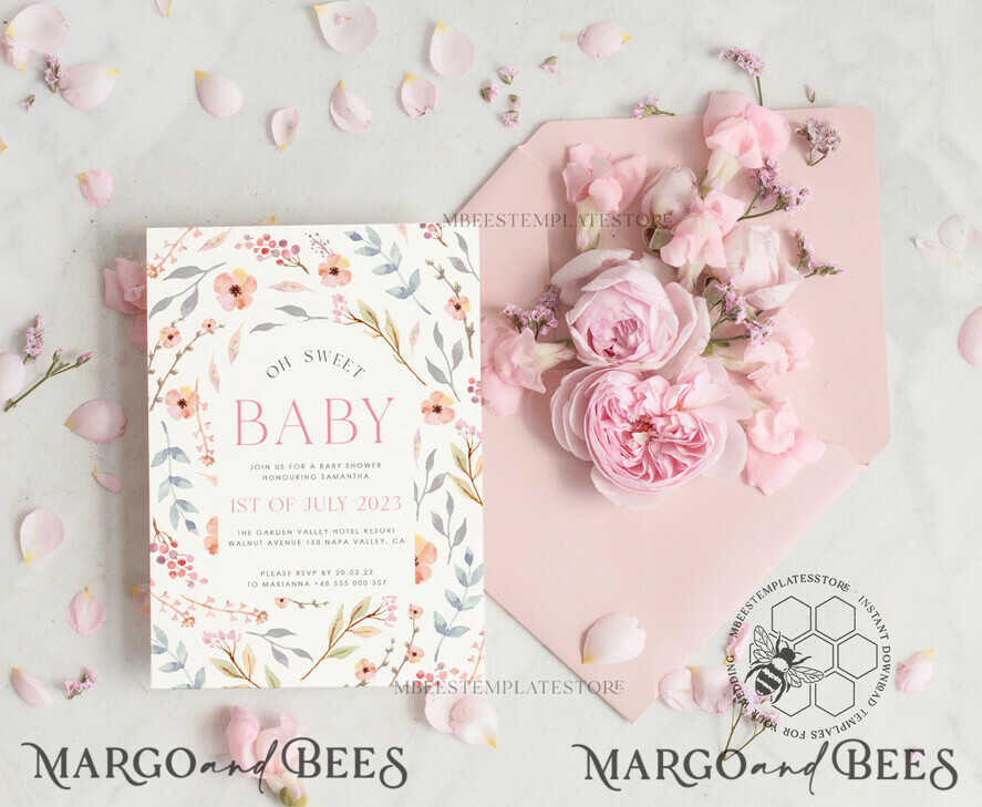 TEMPLETT baby shower Modern Baby Shower Invitation Template, Baby Shower Girl Invitations Set, Instant Download Printable Invites Home Printing Simple Boho Cards