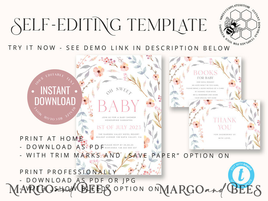 TEMPLETT baby shower Modern Baby Shower Invitation Template, Baby Shower Girl Invitations Set, Instant Download Printable Invites Home Printing Simple Boho Cards
