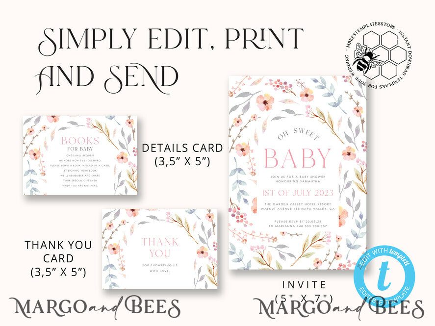 TEMPLETT baby shower Modern Baby Shower Invitation Template, Baby Shower Girl Invitations Set, Instant Download Printable Invites Home Printing Simple Boho Cards