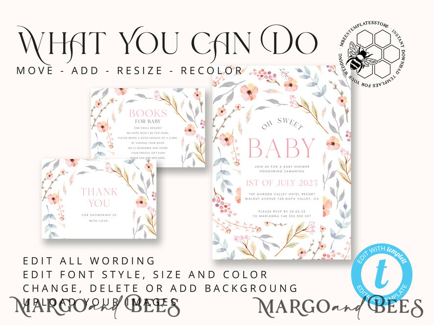 TEMPLETT baby shower Modern Baby Shower Invitation Template, Baby Shower Girl Invitations Set, Instant Download Printable Invites Home Printing Simple Boho Cards