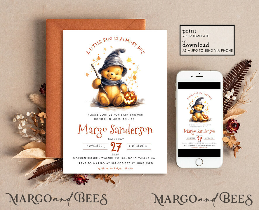 TEMPLETT baby shower Winnie Pooh Baby Shower Invitation Digital Template Set Halloween Fall, Gender Neutral Diaper Raffle Books Instant Download Printable Invite