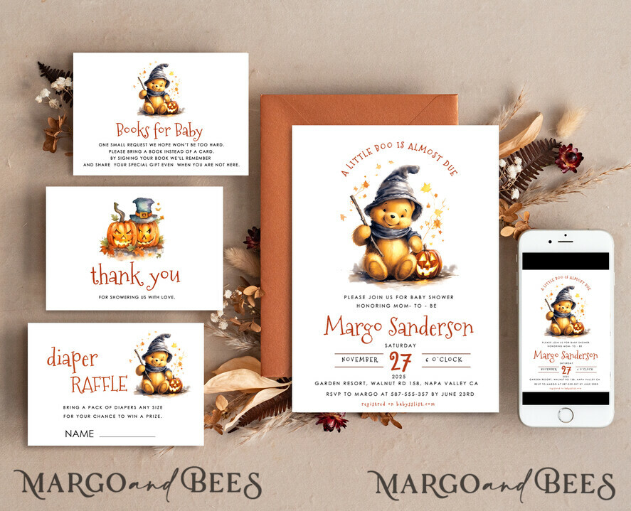 TEMPLETT baby shower Winnie Pooh Baby Shower Invitation Digital Template Set Halloween Fall, Gender Neutral Diaper Raffle Books Instant Download Printable Invite