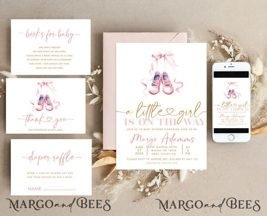 TEMPLETT baby shower Ballerina Baby Girl Shower Invitation Template Set Little girl on the way Diapper Raffle Books Instant Download Blush Pink editable invite