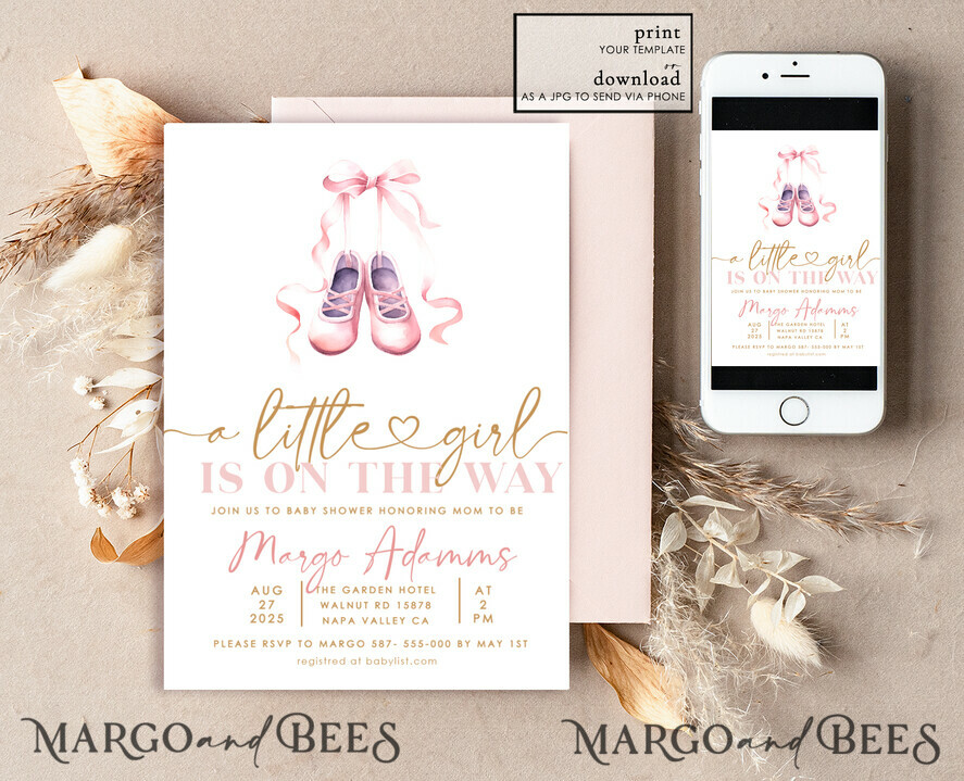 TEMPLETT baby shower Ballerina Baby Girl Shower Invitation Template Set Little girl on the way Diapper Raffle Books Instant Download Blush Pink editable invite