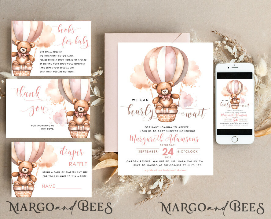 TEMPLETT baby shower Teddy Bear Baby Girl Shower Invitation Template Set We Can Bearly Wait Diaper Raffle Books, Instant Download pink hot air balloon basket