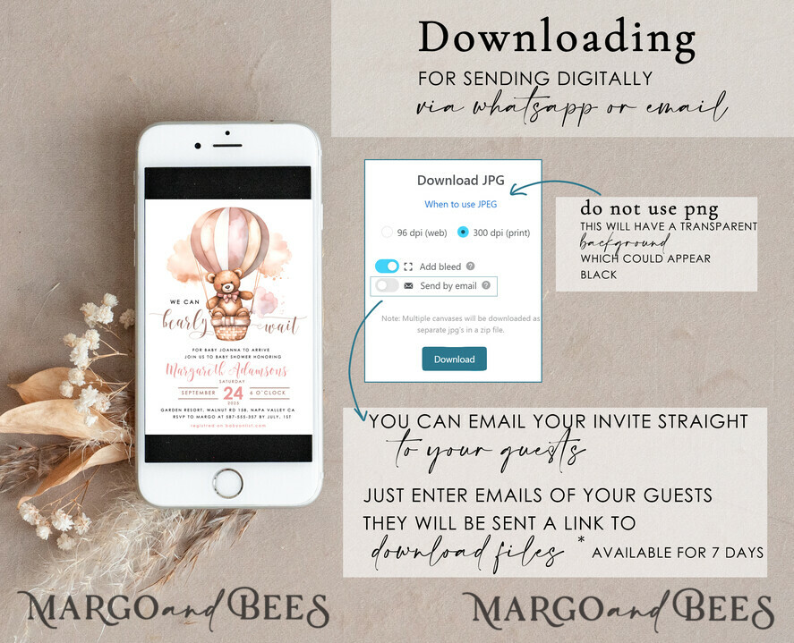 TEMPLETT baby shower Teddy Bear Baby Girl Shower Invitation Template Set We Can Bearly Wait Diaper Raffle Books, Instant Download pink hot air balloon basket