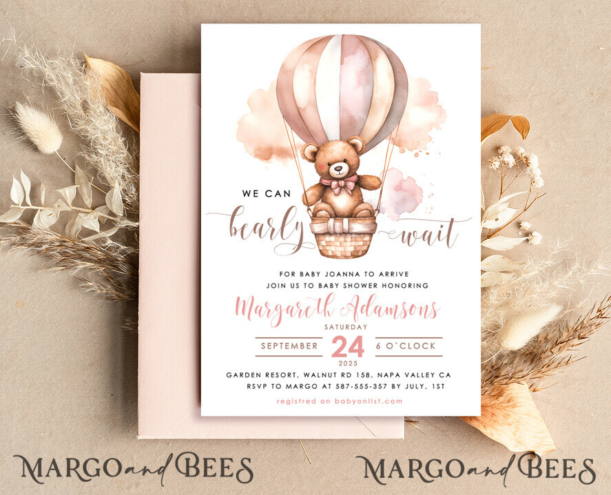 TEMPLETT baby shower Teddy Bear Baby Girl Shower Invitation Template Set We Can Bearly Wait Diaper Raffle Books, Instant Download pink hot air balloon basket
