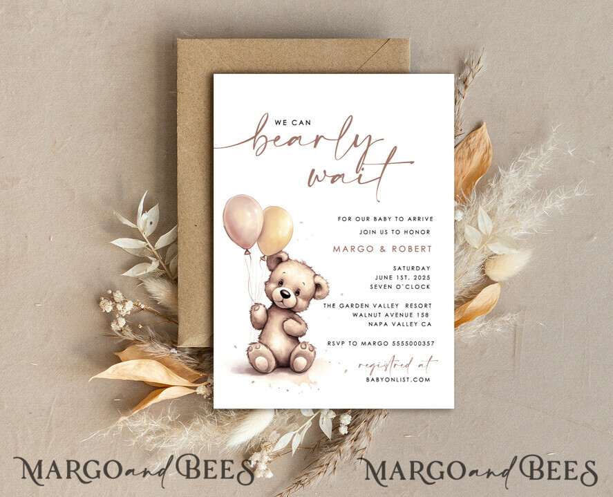 TEMPLETT baby shower Gender Neutral Teddy Bear Baby Shower Invitation Template Set We Can Bearly Wait Diaper Raffle Books, Instant Download Editable Invites