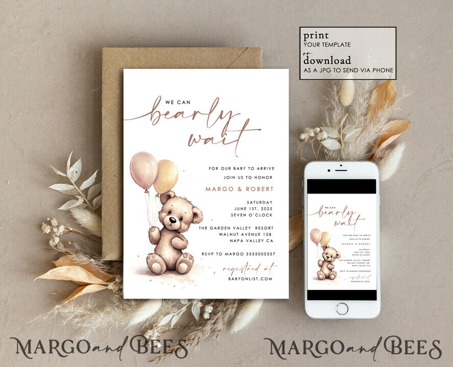 TEMPLETT baby shower Gender Neutral Teddy Bear Baby Shower Invitation Template Set We Can Bearly Wait Diaper Raffle Books, Instant Download Editable Invites