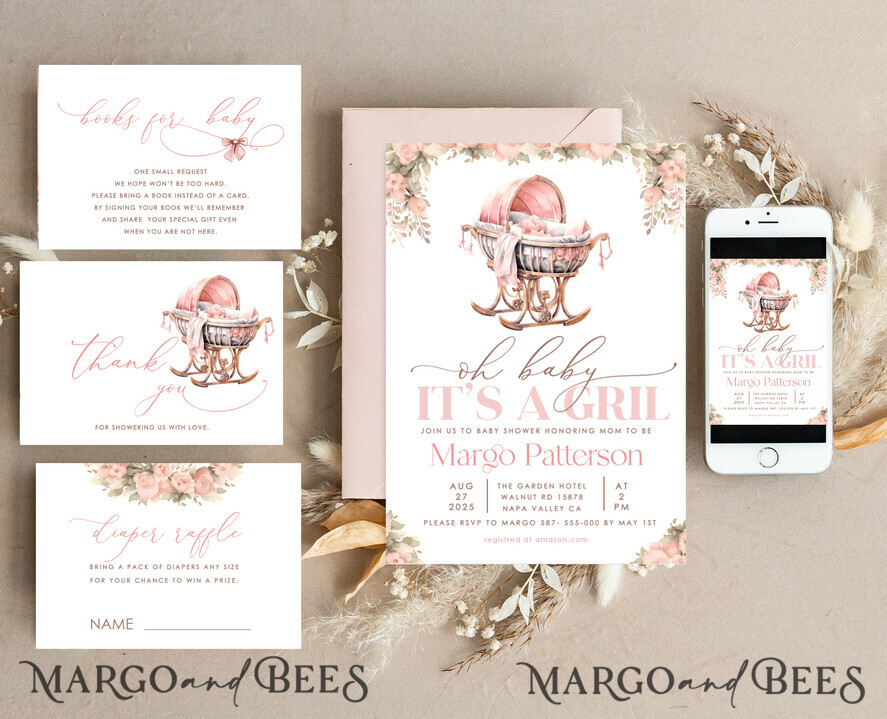 TEMPLETT baby shower Crib Baby Girl Shower Invitation Template Set Oh baby little pink crib Diapper Raffle Books Arch Instant Download Blush Pink editable invite