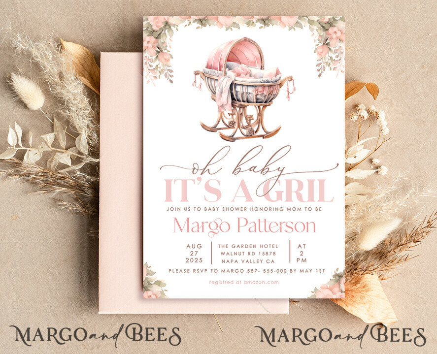 TEMPLETT baby shower Crib Baby Girl Shower Invitation Template Set Oh baby little pink crib Diapper Raffle Books Arch Instant Download Blush Pink editable invite
