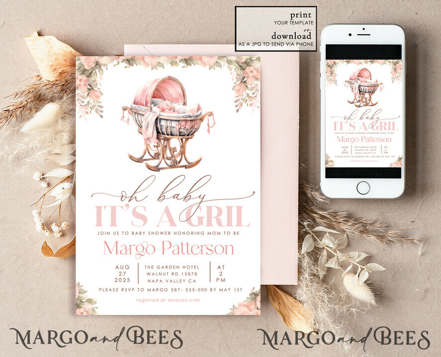 TEMPLETT baby shower Crib Baby Girl Shower Invitation Template Set Oh baby little pink crib Diapper Raffle Books Arch Instant Download Blush Pink editable invite
