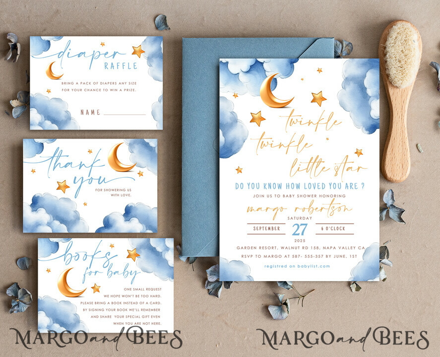 TEMPLETT baby shower Editable Twinkle Little Star Baby Boy Shower Invitation Template, Moon Stars Blue Invite Instant Download Wait Diaper Raffle Books Invites